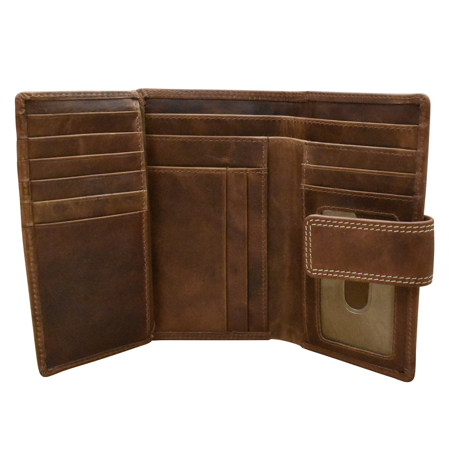 Brown leather MIDI wallet with foldout design, secure tab closure, multiple card slots, ID window, and organized compartments.