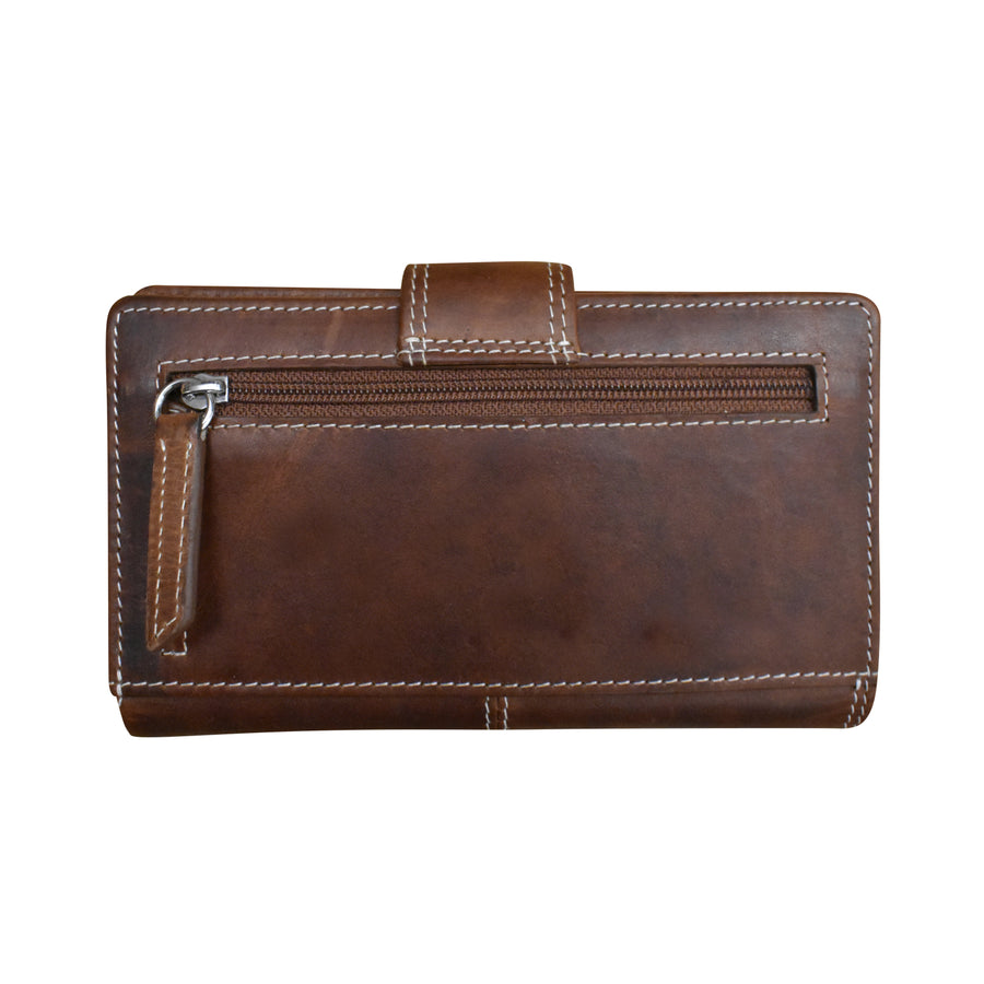 Brown leather midi wallet with secure tab closure and back zip pocket for coins and valuables