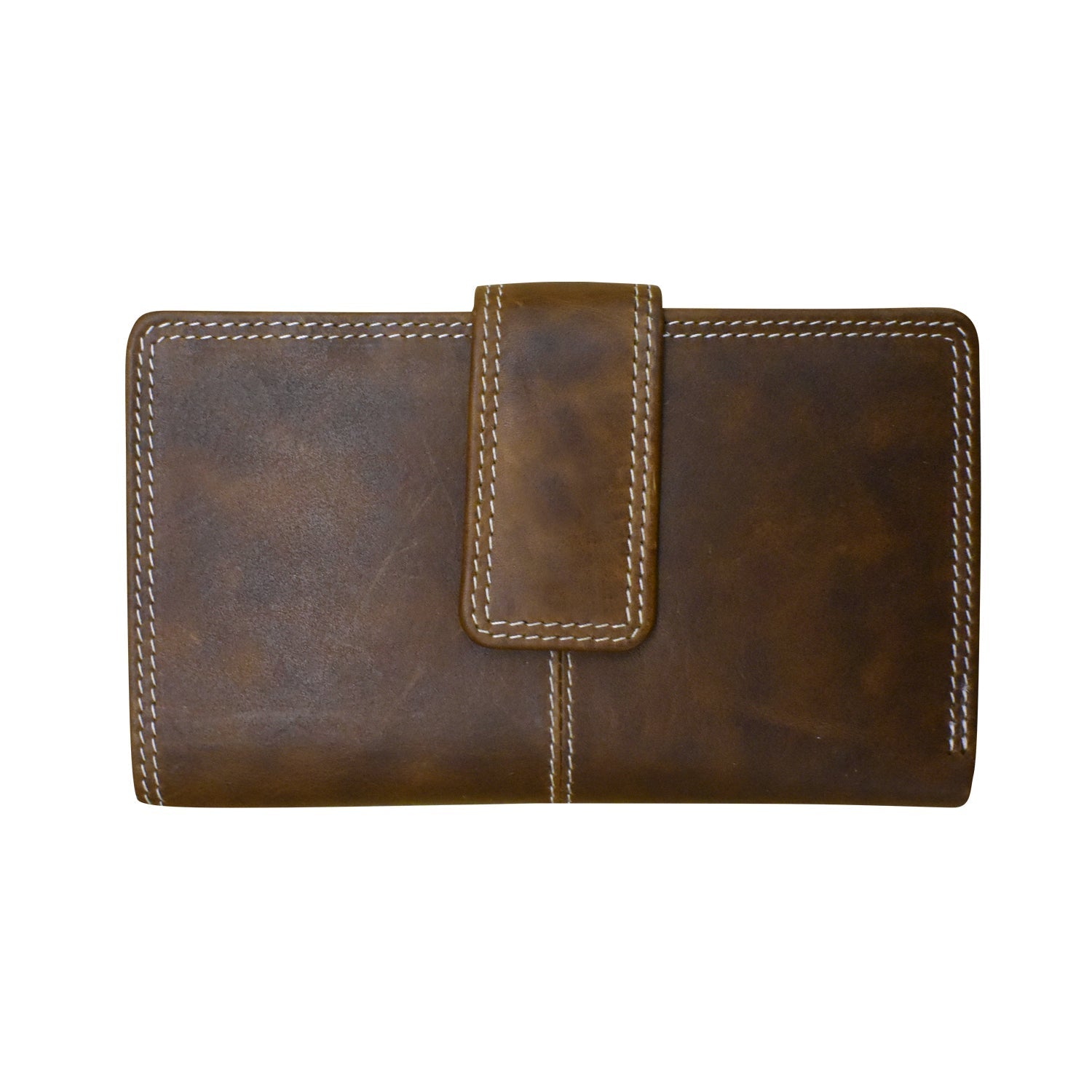 Brown leather MIDI wallet with foldout design, secure tab closure, multiple card slots, ID window, and organized compartments.