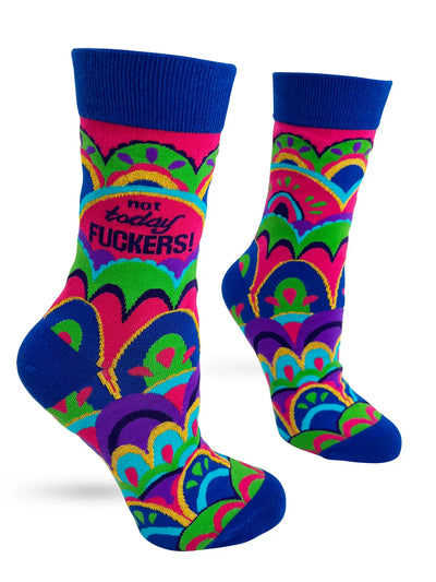 Colorful women's crew socks with bold "Not Today F***ers" message, cotton blend, size 5-10.