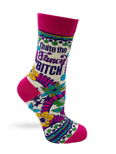 Colorful women's crew socks with "Quite the Fancy B****" bold text and floral pattern