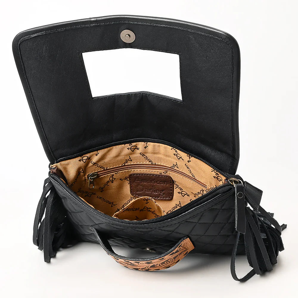 American Darling Crossbody Bag ADBG1665 with hand-tooled genuine cowhide leather and fringes, open view showing interior.