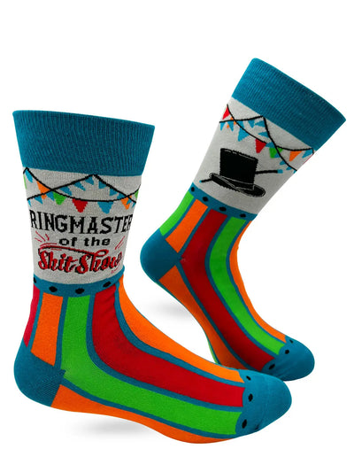 Colorful men's novelty crew socks with "Ringmaster of the Sh** Show" text, circus design, and top hat graphic