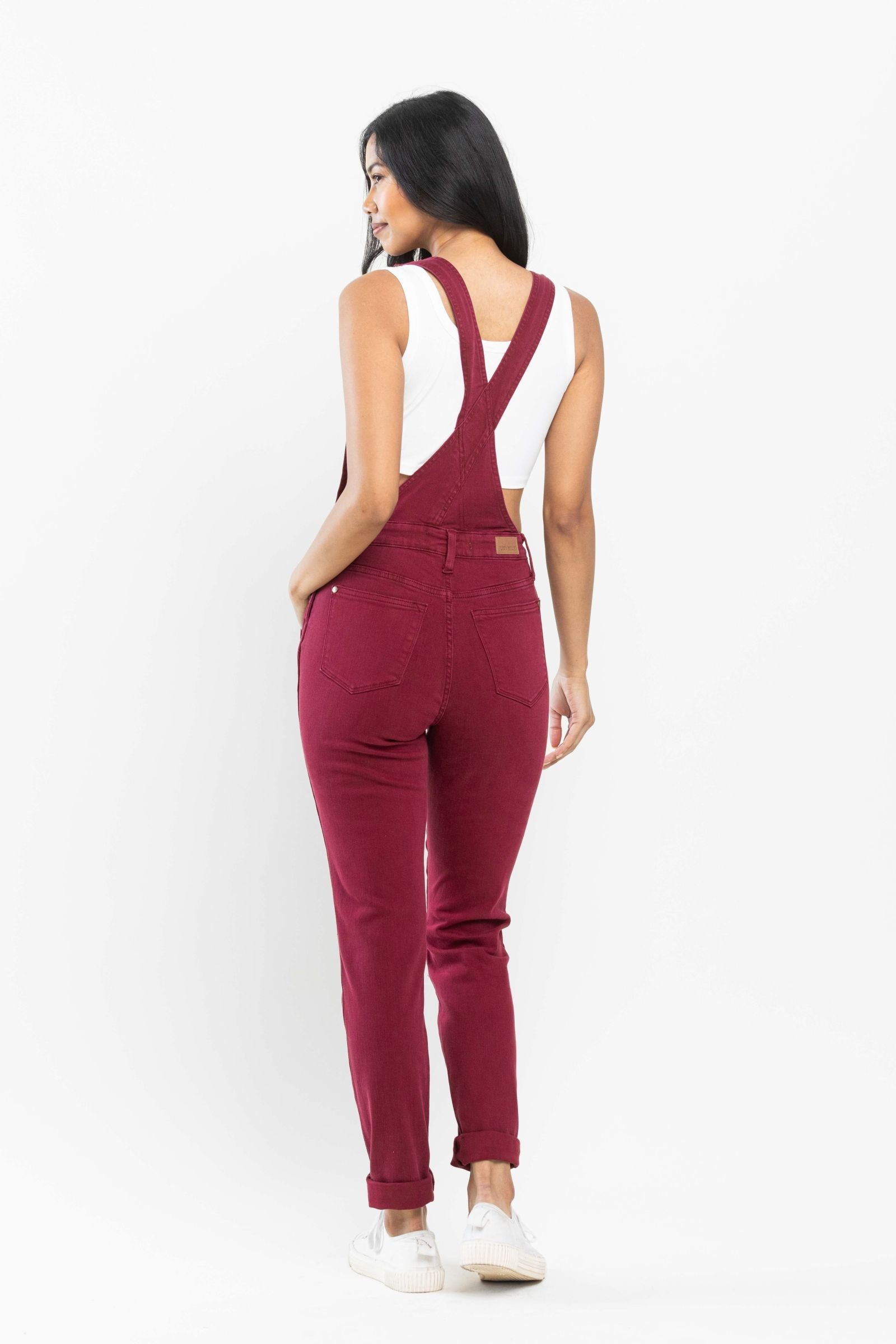 Judy Blue Overalls 88712 crimson boyfriend fit straight leg overalls back view