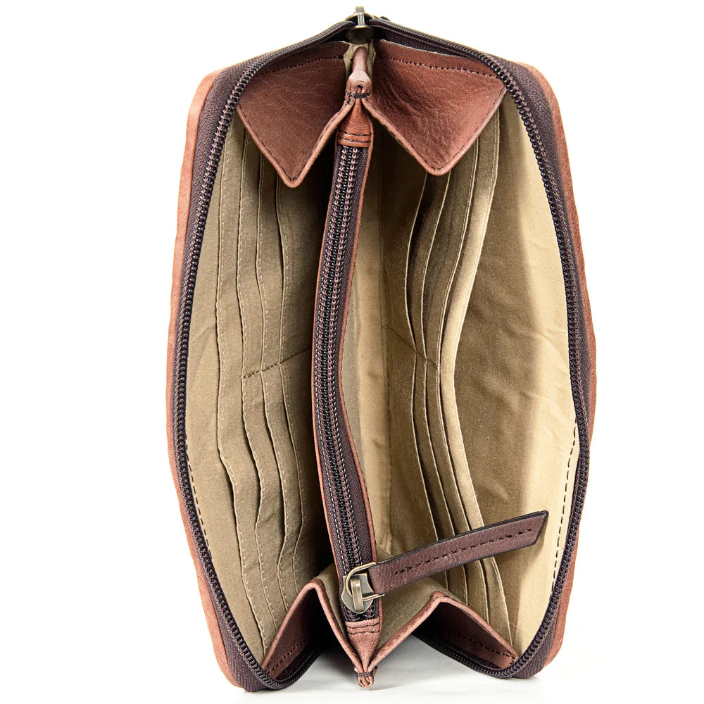 American Darling Wallet ADBGI121A made of genuine full-grain leather with durable antique finish metal fittings and YKK zipper, dimensions 4.5in x 8in.