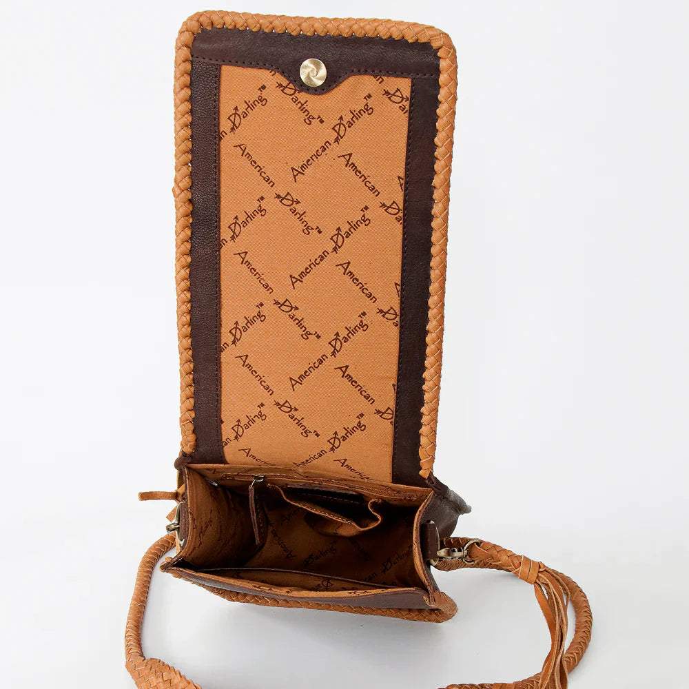 American Darling small crossbody bag with leather fringes and turquoise stone accents.