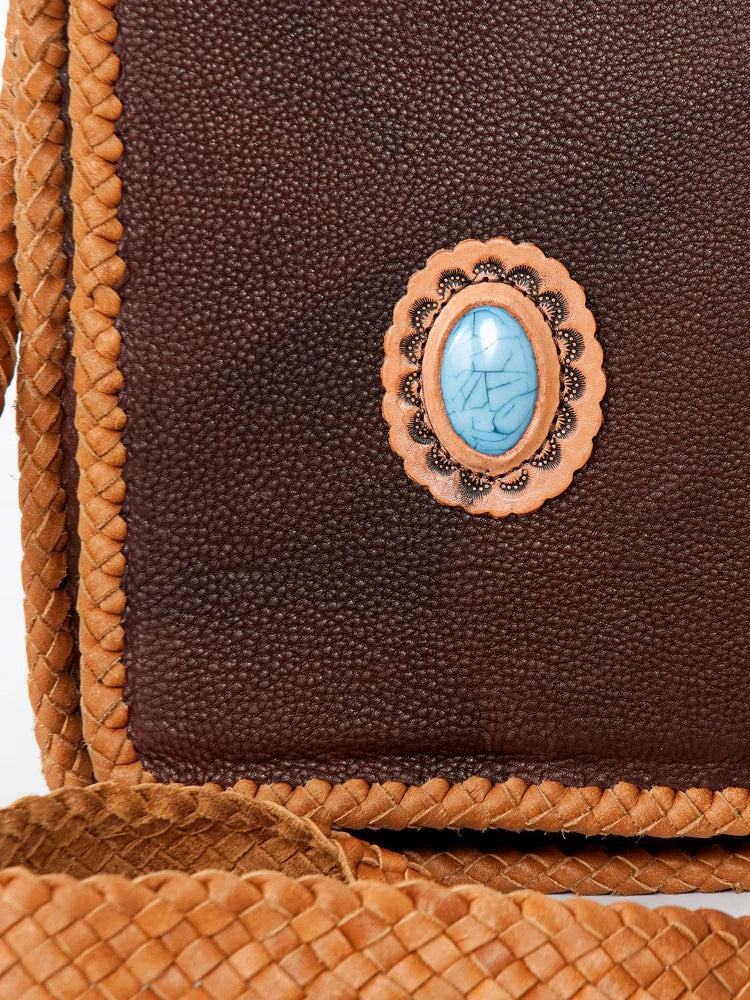American Darling Small Crossbody Bag with leather fringes and turquoise stone detailing.