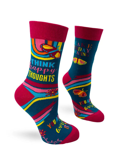 Colorful women's crew socks with positive messages, rainbows, and butterflies design
