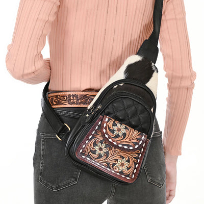 American Darling Sling ADBGA657 with hand-tooled leather and cowhide, adjustable strap, and durable YKK zipper.