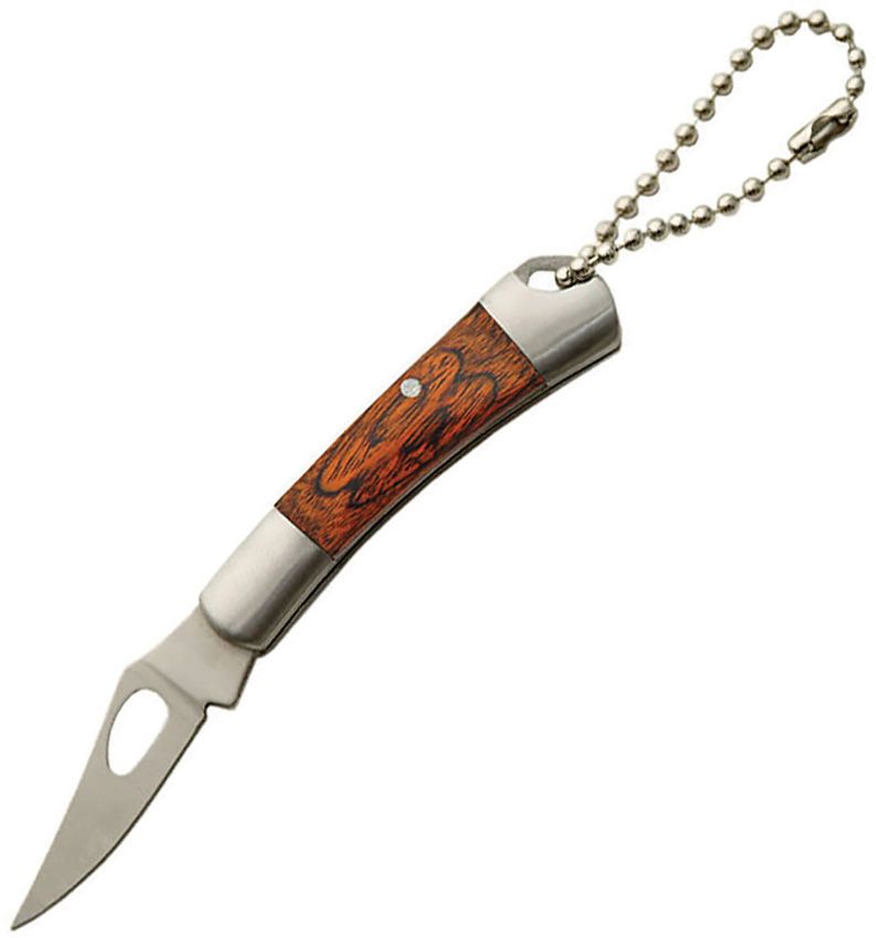 Compact keychain folding knife with 2-inch closed brown wood handle and stainless steel blade with thumb pull and keyring attachment.