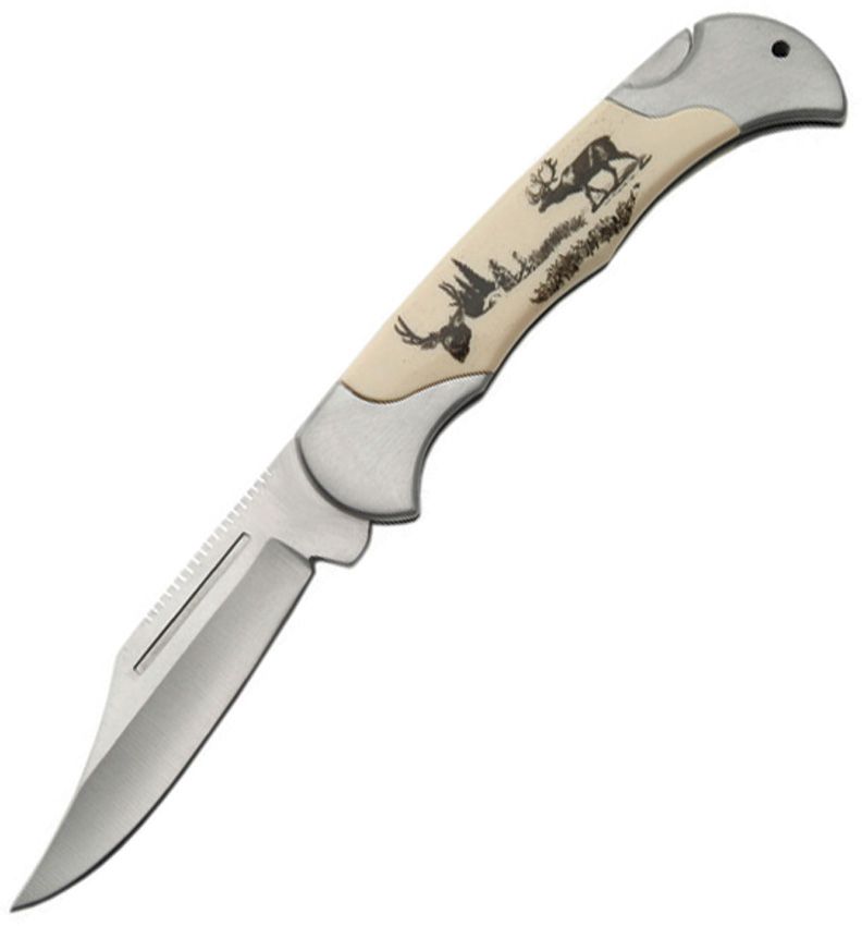 Lockback folding knife with 3.13-inch stainless clip point blade and synthetic handle featuring deer artwork and stainless steel bolsters.