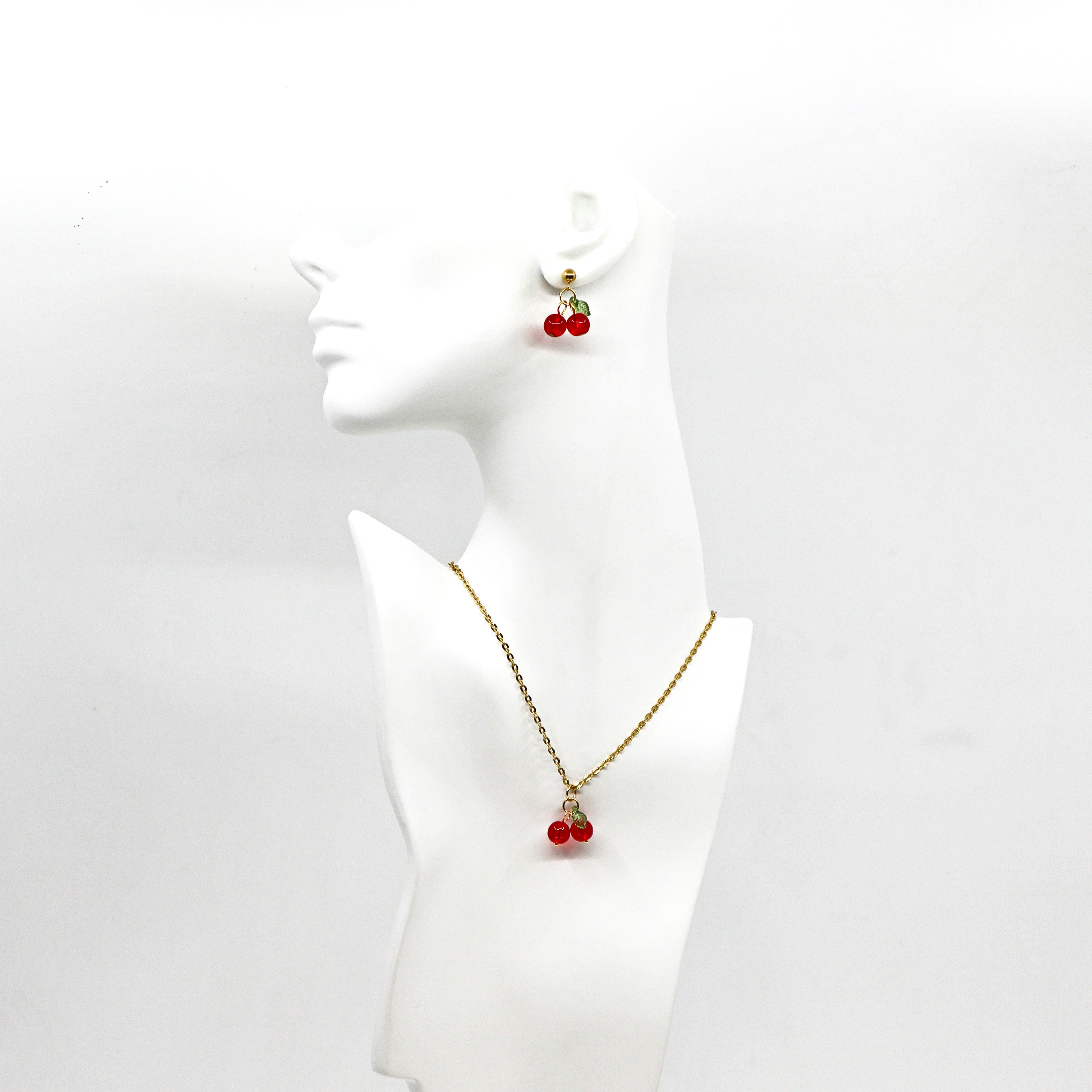 Gold cherry drop earrings and matching necklace set with 18K gold-plated stainless steel and red cherry charms.