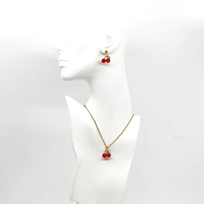 Gold cherry drop earrings and matching necklace set with 18K gold-plated stainless steel and red cherry charms.
