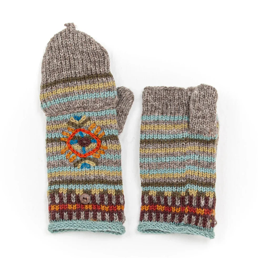Pair of Mika wool knit convertible mittens in multicolor stripes with embroidered detail and button closure.