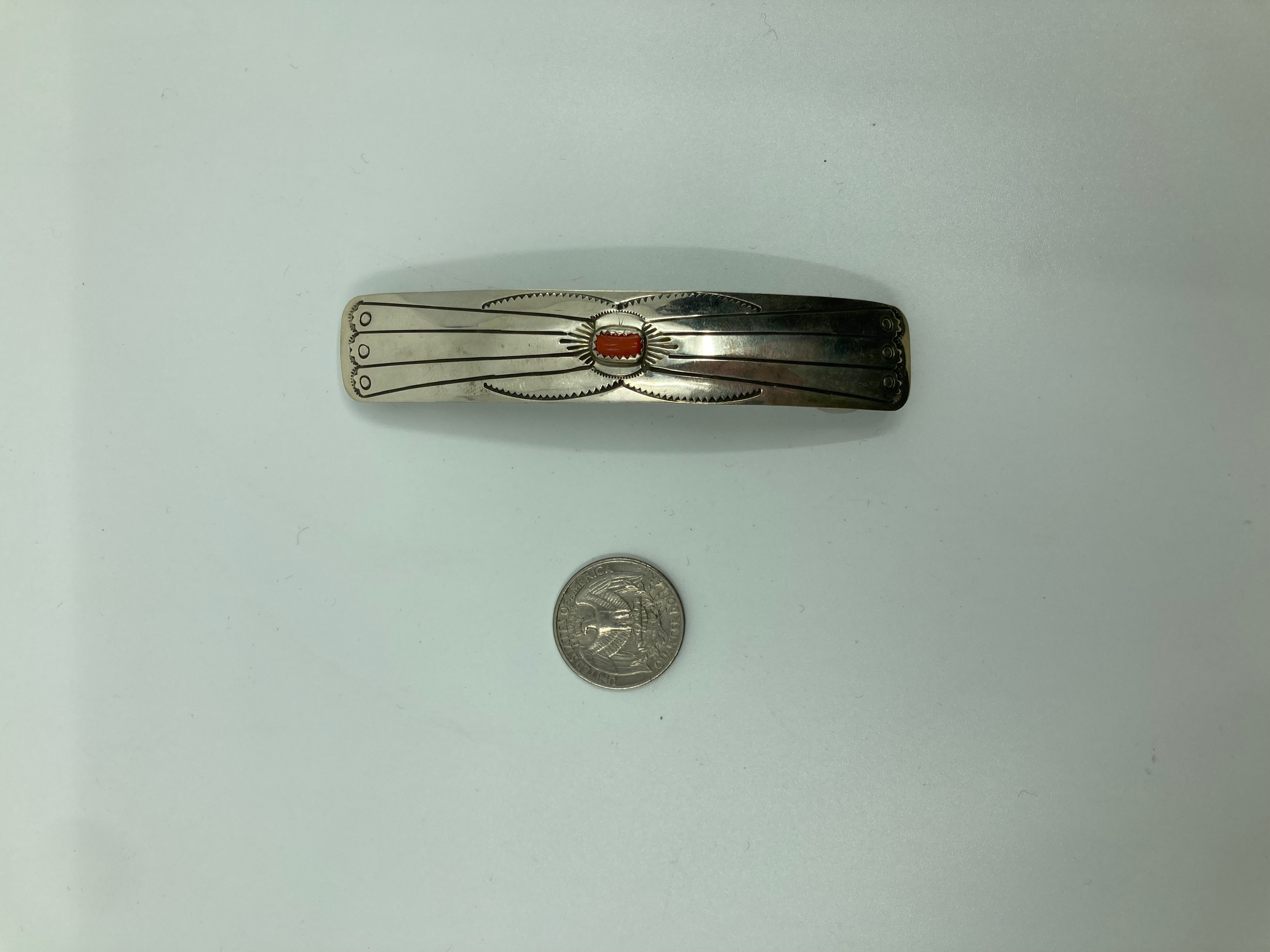 Handmade Navajo Sterling Silver and Coral Barrette PSTPHC02