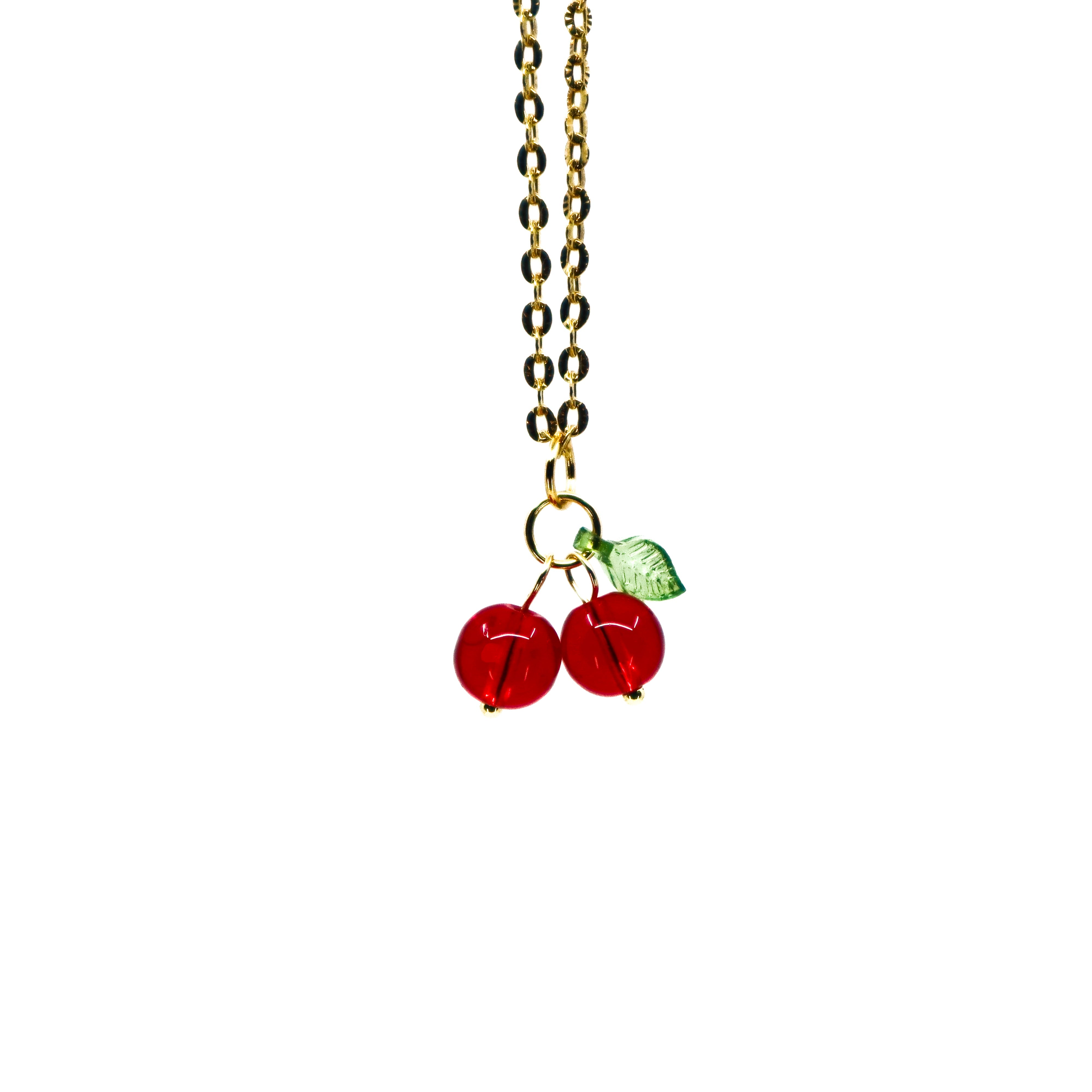 Gold cherry drop earrings and necklace set with 18K gold-plated stainless steel and red cherry charms