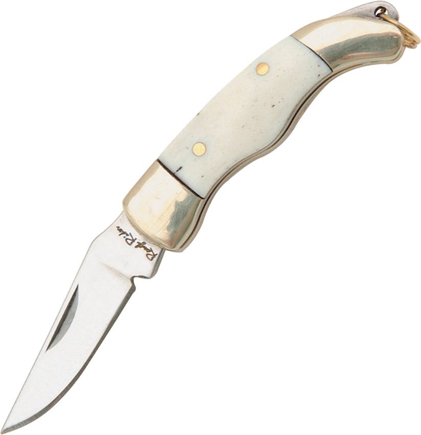 Miniature Folder Knife with 1.63" stainless steel clip blade, smooth white bone handle, nickel silver bolsters, and keyring attachment.