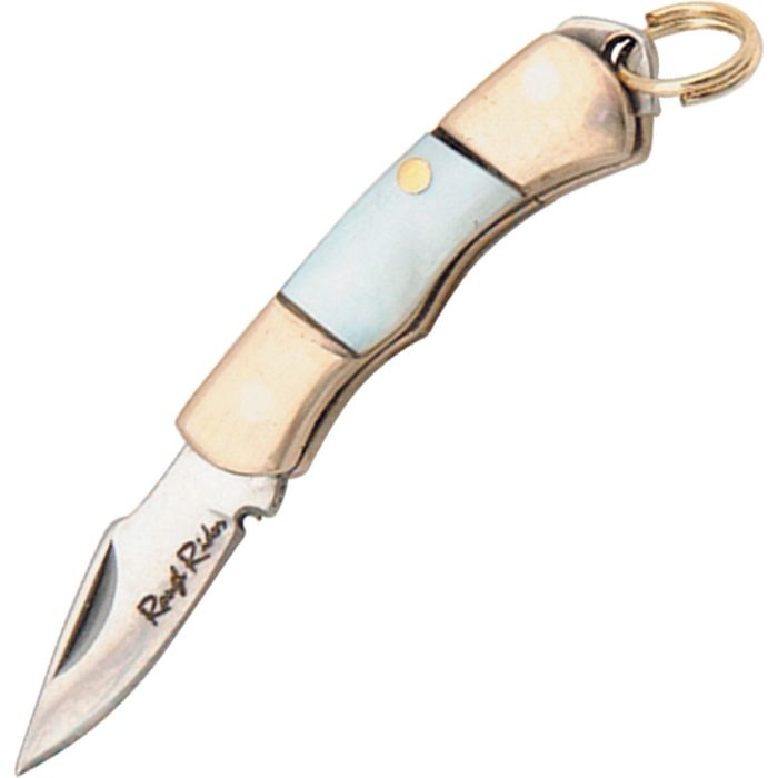 Miniature folder knife with 1-inch stainless steel clip blade, mother of pearl handle, nickel silver bolsters, and keyring attachment.