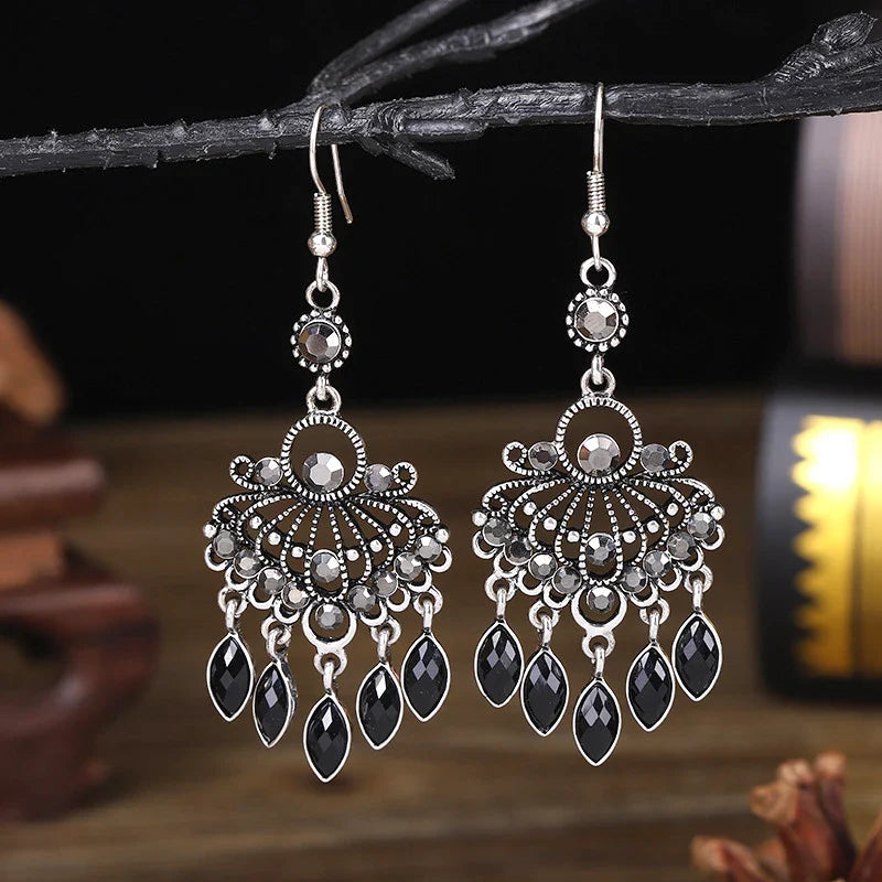 Vintage rhinestone tassel water drop earrings with boho charm.