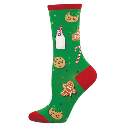 Green crew socks with red heel and toe featuring festive milk, cookies, gingerbread, and candy cane holiday design, cozy and breathable Sant's Milk and Cookies Socks.