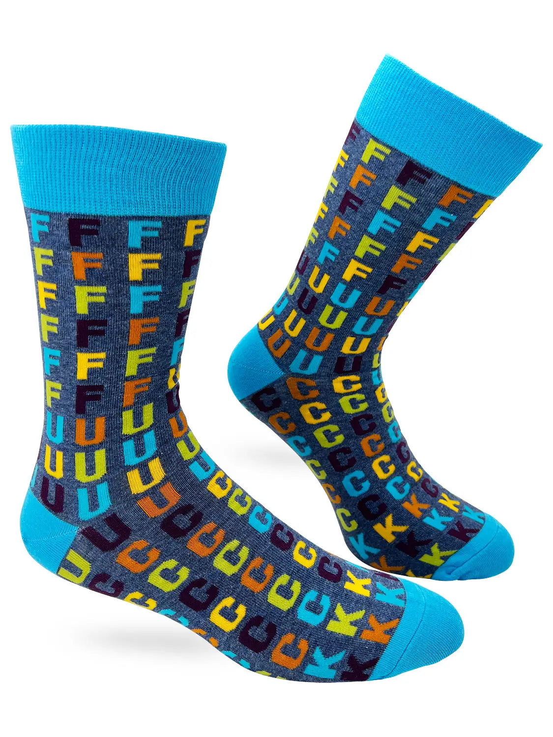 Colorful men’s novelty crew socks with repeated bold letters spelling an exasperated expression, designed for shoe sizes 7 to 12.