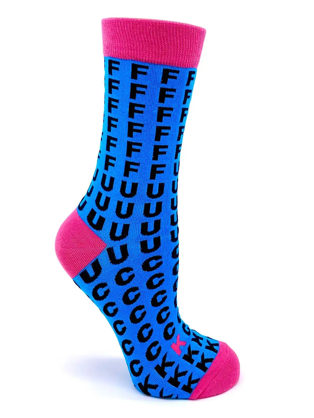 Women’s crew socks with bold “Ffffff****************” design, blue and pink color, comfortable fit for shoe size 5-10.
