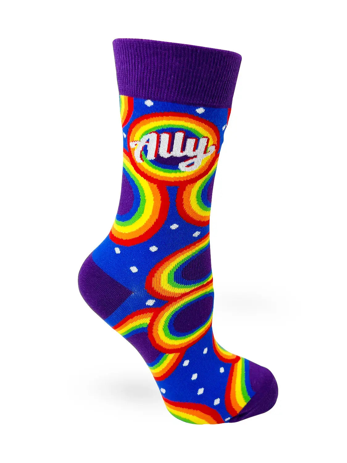 Colorful Ally Rainbow crew sock with bold rainbow design and purple cuff, heel, and toe, promoting LGBTQ pride and support.