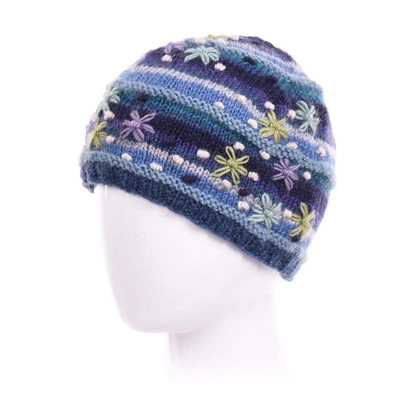 Striped knit Skylar Beanie Hat with hand-embroidered flowers in blue and purple tones, made of wool with polyester fleece lining.