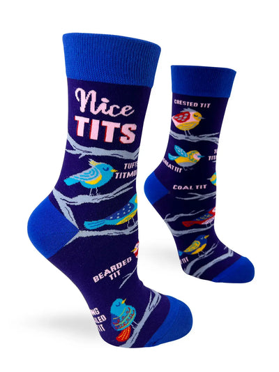 Ladies' novelty crew socks with colorful cute bird designs and "Nice TITS" text, stylish and comfortable for shoe sizes 5 to 10.