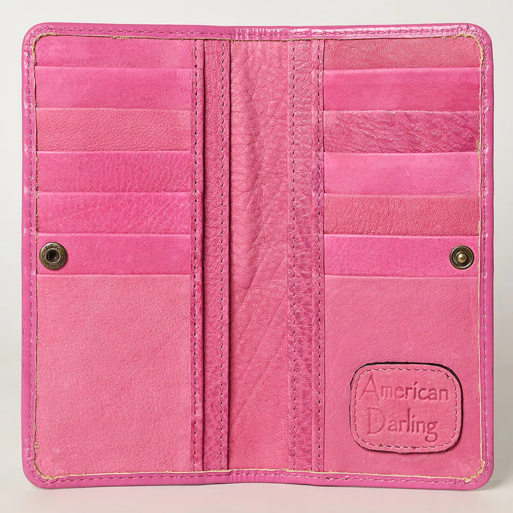 Pink American Darling Wallet made from full grain leather with multiple card slots and hand-tooled detailing