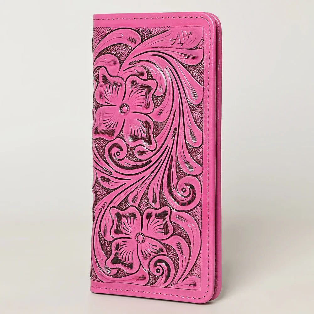 Pink American Darling Wallet made from full grain leather with multiple card slots and hand-tooled detailing