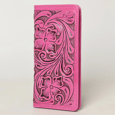 Pink American Darling Wallet with hand-tooled floral design on genuine full grain leather, 8x4 inches.