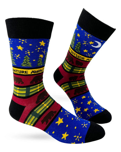 Men's novelty crew socks with bear and nature-inspired design, featuring "Adventure Awaits - Get Outside" message.