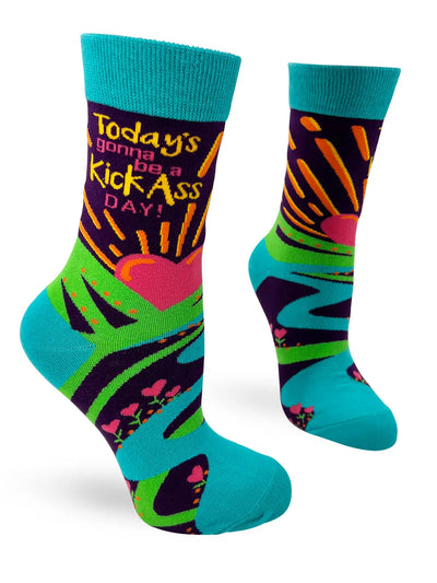 Women's crew socks with colorful design and "Today's Gonna Be a Kick-A** Day" text for motivational wear