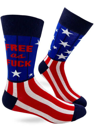 Men's novelty crew socks with American flag design and bold “Free As F..K” text, comfortable cotton blend, sizes 7-12