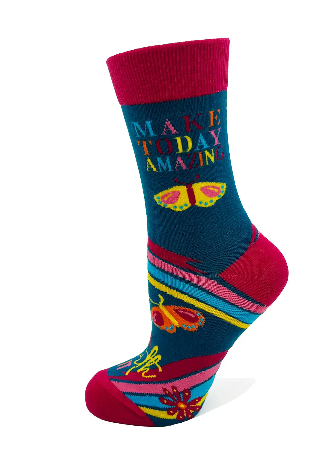 Colorful women’s crew socks with motivational text, rainbows, butterflies, and vibrant patterns.