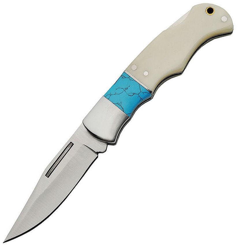 Lockback White Bone Knife with satin-finish stainless steel clip point blade and white bone handle with faux turquoise inlay
