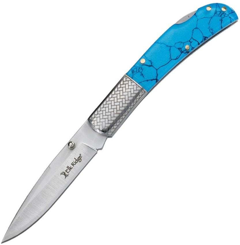 Lockback Blue Knife with 3-inch satin-finish stainless steel blade and turquoise POM handle with stainless bolsters
