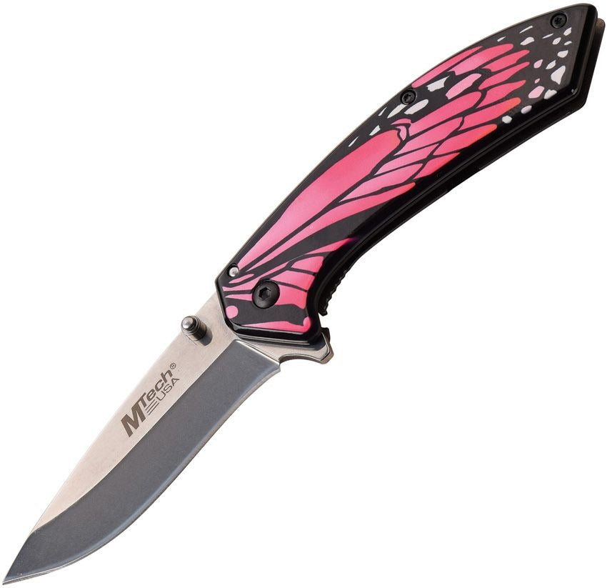 Pink Butterfly Framelock Knife with 3-inch stainless steel blade and pink butterfly design on synthetic handle
