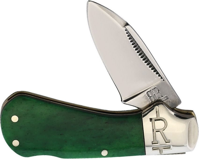 Cub Lockback Knife with green smooth bone handle and mirror-finish stainless steel spear blade open.