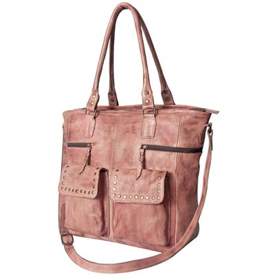 Premium full grain leather Mind Tote NMBG124A with adjustable shoulder strap, YKK zipper, antique metal fittings, and decorative rivets in dusty pink.