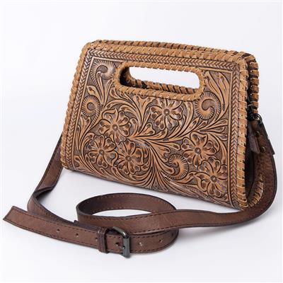 American Darling Small Crossbody Bag handcrafted detailed tooled vegetable tanned leather with adjustable shoulder strap and leather braiding
