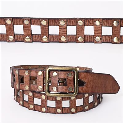 American Darling Belts brown leather belt with square cutouts and metal studs, featuring an adjustable brass buckle