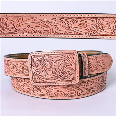 Hand-tooled vegetable-tanned genuine cowhide leather belt with matching carved buckle by American Darling Belts