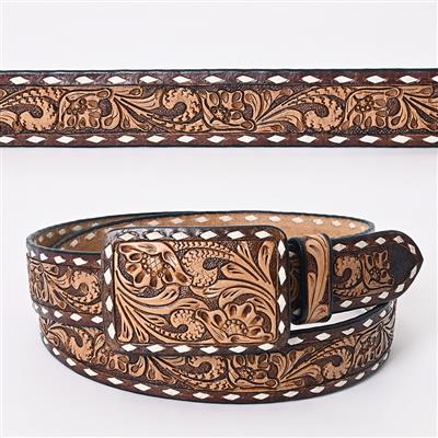 Hand-tooled genuine leather belt with intricate Western design and hand buck stitch edges.