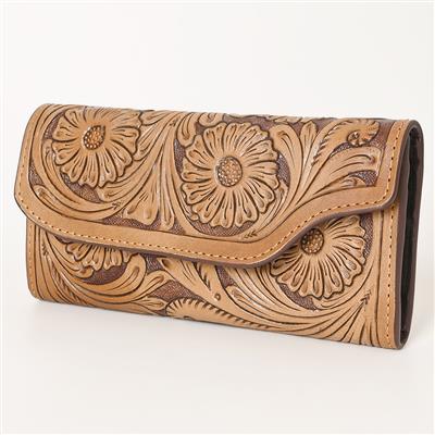 Ohlay Wallet KBG151 handcrafted from genuine cowhide leather with intricate tooled floral design.
