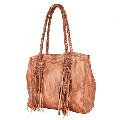 Never Mind Tote NMBGM141A with leather fringes and braided handles, premium full-grain leather, adjustable strap, 11x13x5 inches.