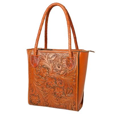 Ohlay Tote KBG338B, hand tooled genuine cowhide leather, western style handbag.