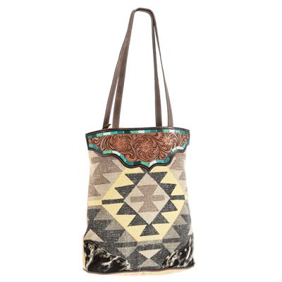 Ohlay Tote OHV165 with hand-tooled leather detailing, wool saddle blanket design, and adjustable strap.