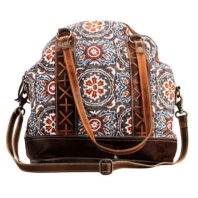 Ohlay Tote OHV233 with vintage print cotton canvas and genuine leather accents.